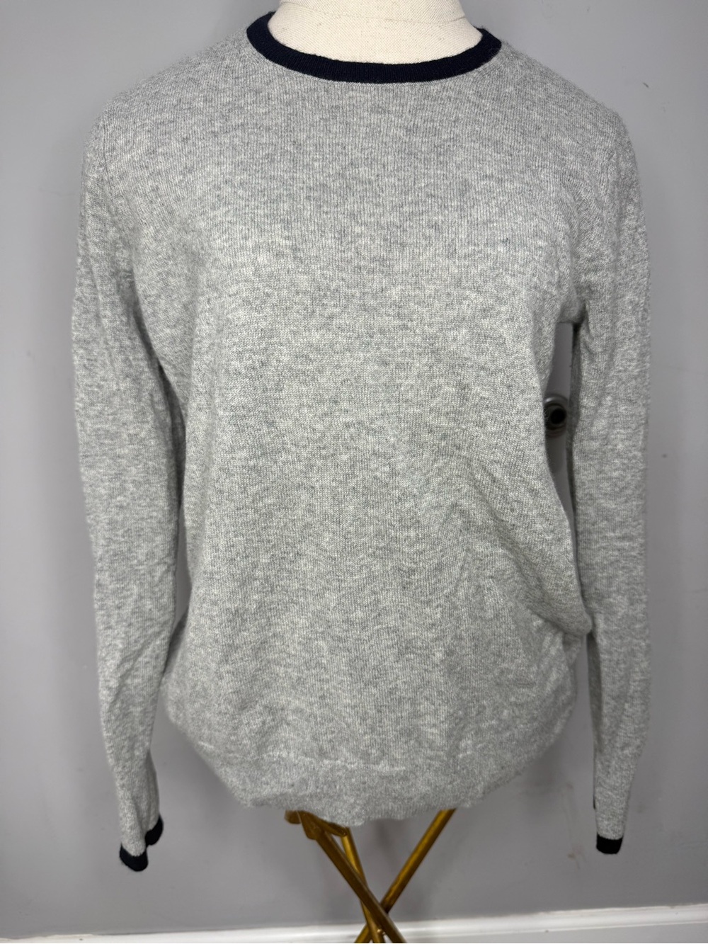 Everlane Gray Cashmere Crewneck Sweater with Navy Trim